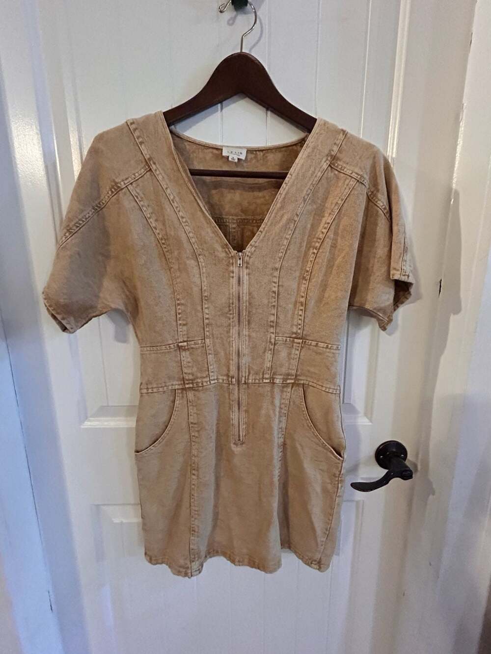 Le Lis Tan Acid Wash Utility Denim Zip-Front Mini Dress